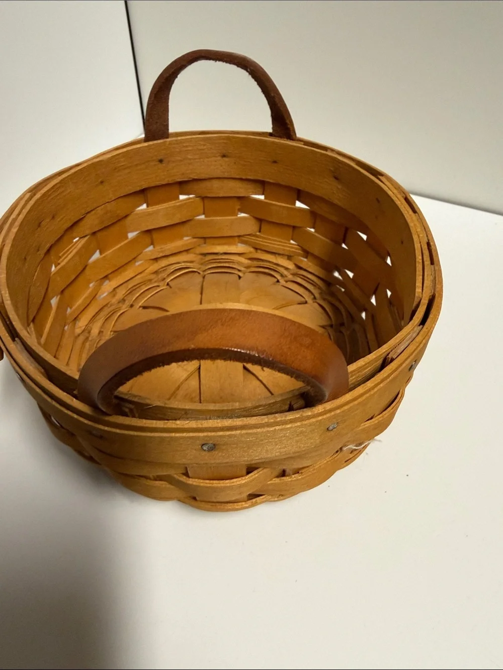 Longaberger Tan-Brown Woven Wood Basket with Leather Handles